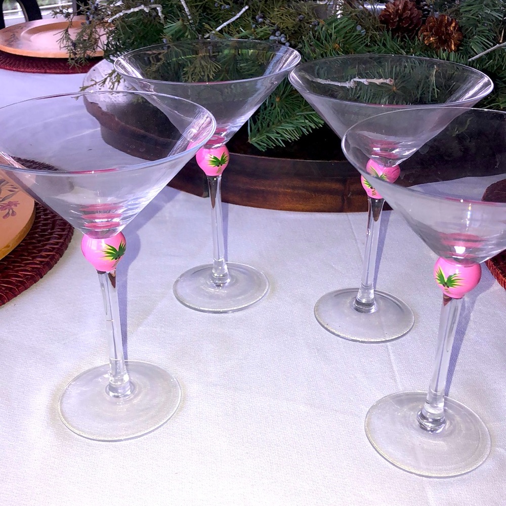 HUEPHORIA 2005 HAND-PAINTED SET OF 4 MARTINI GLASSES PALM TREE PINK GREEN EUC